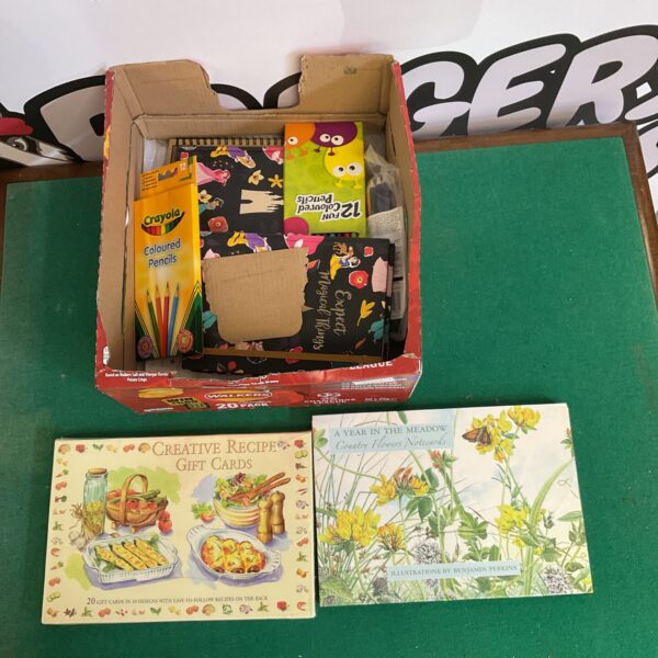 Vintage mixed stationery lot with Crayola coloured pencils.