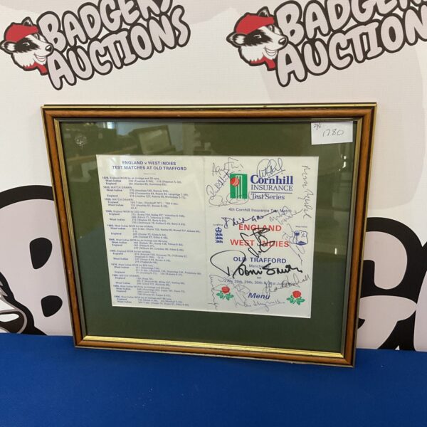 Signed England v West Indies Test cricket program, framed and collectible.