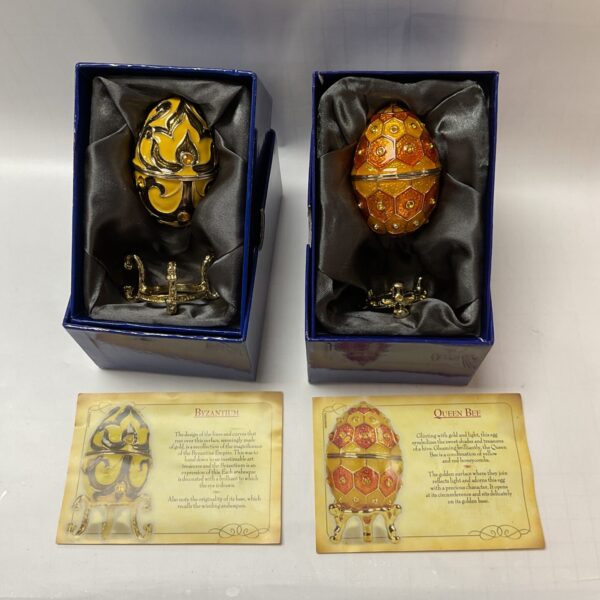 Atlas Editions Faberge Egg replicas, Byzantium and Queen Bee, detailed miniatures.