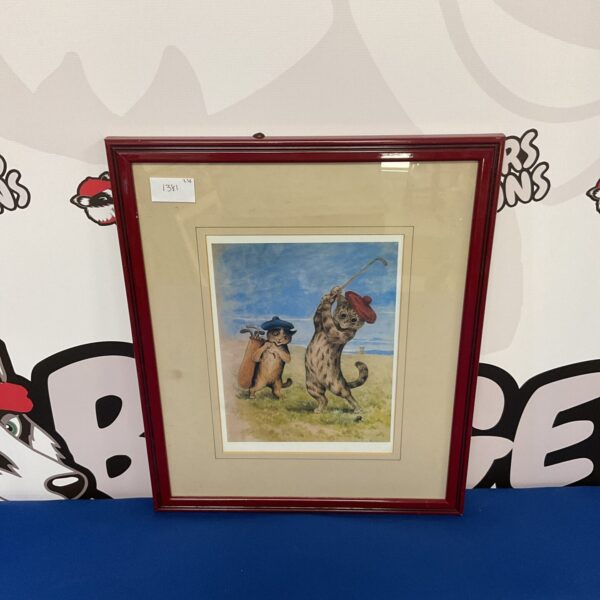 Antique Louis Wayne print of a golfing cat, humorous Victorian art.