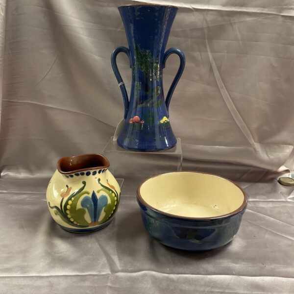 Vintage Torquay Ware vase with Kingfisher pattern, Devon pottery.