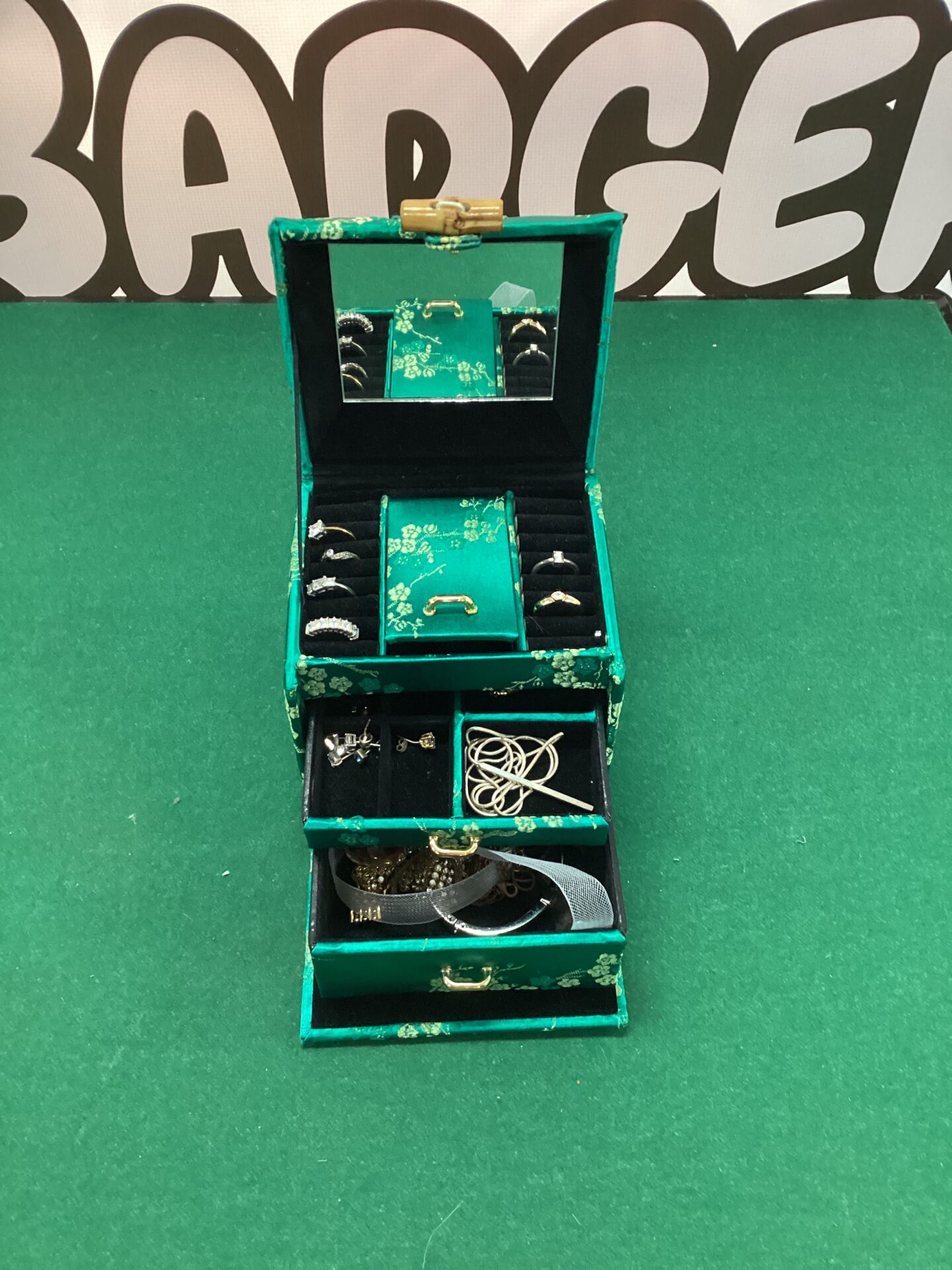 763 M&S oriental style jewellery box with contents