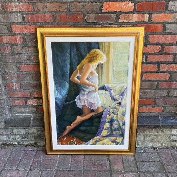 Large oil painting reproduction in Steve Hanks style, winter landscape with floral details.