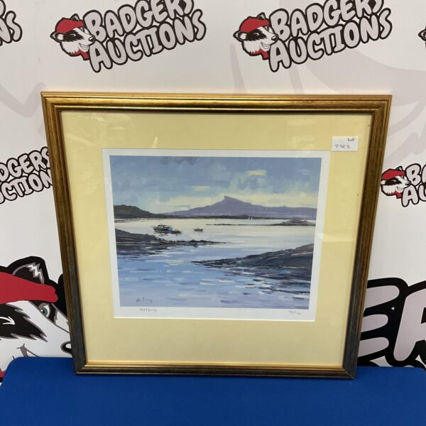 Signed Robert Kelsey print of small boats at Arisaig, Scottish coastline.