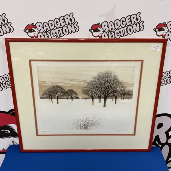 Signed Kathleen Caddick winter landscape print, serene countryside scene.