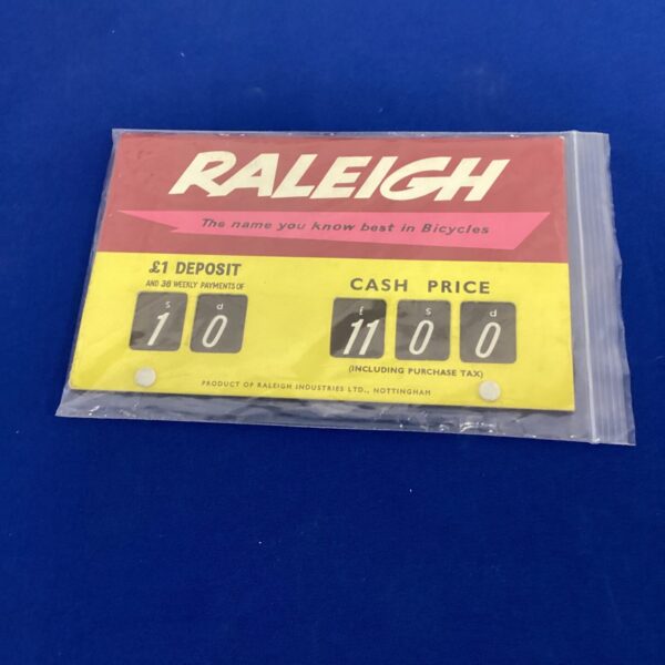 Vintage Raleigh promotional pricing card for bicycle finance.