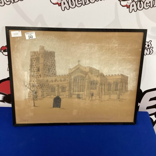 Framed vintage drawing of a church with detailed architecture.