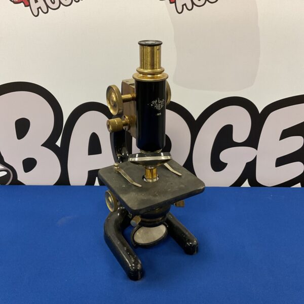 Antique brass W R Prior microscope, vintage scientific instrument.