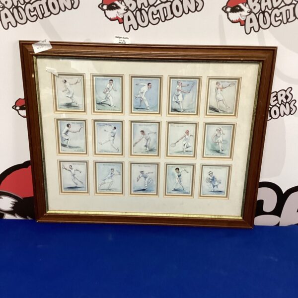 Vintage framed display of tennis cigarette cards, sporting memorabilia.