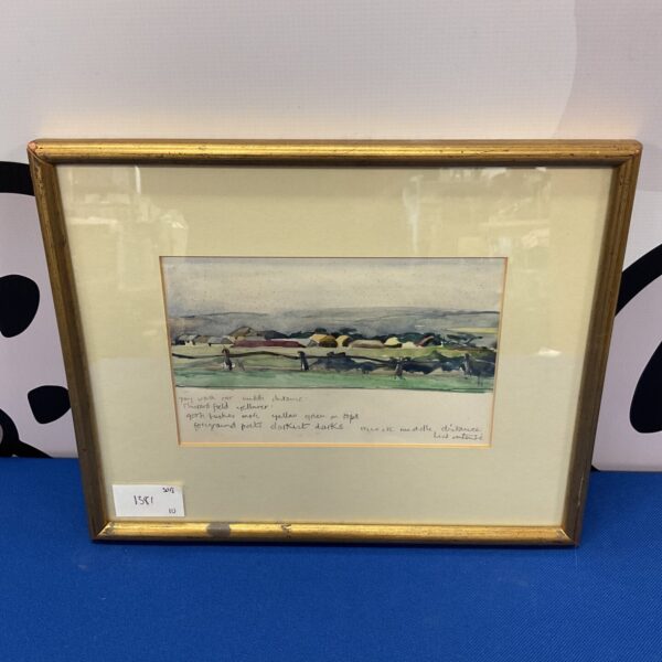 Vintage watercolour painting of a farmhouse in a rural landscape.