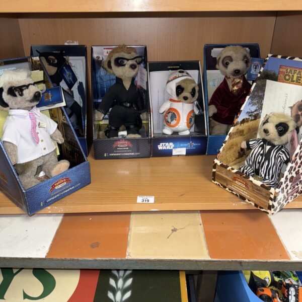Lot of six assorted meerkat cuddly toys for collectors.