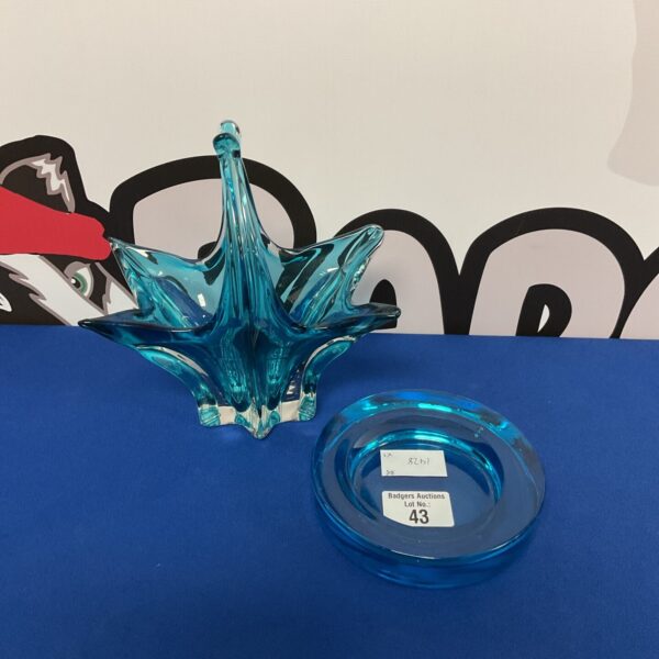 Vibrant blue Murano style glass basket, decorative art glass.