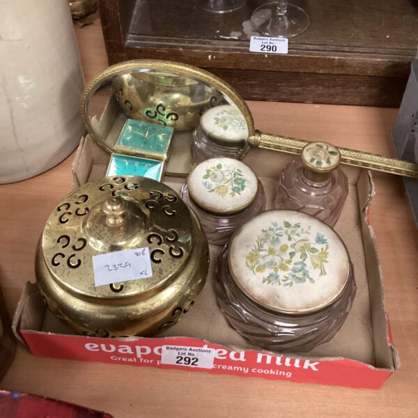 Vintage dressing table set with powder bowl, mirror and dishes.