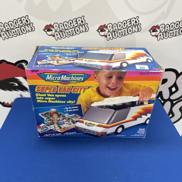 Micro Machines Super Van City box, vintage toy van collectible.