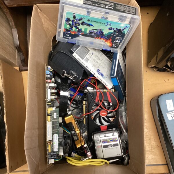 Mixed lot of vintage electronics including JVC camera and computer parts.