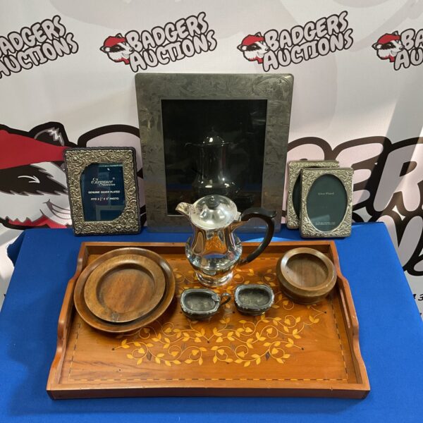 Vintage silver plate lot with inlaid wooden tray and photo frames.