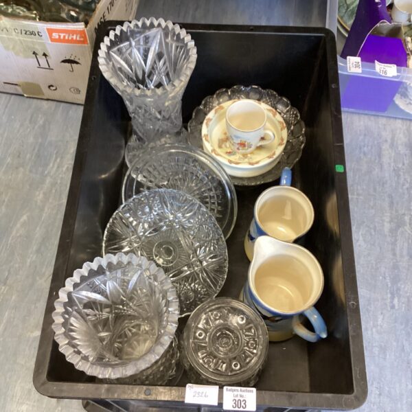 Mixed lot of vintage crystal and pottery glassware with a Bunnykins dish.