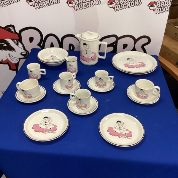 Vintage Barretts Pierrot coffee set with cups and coffee pot.