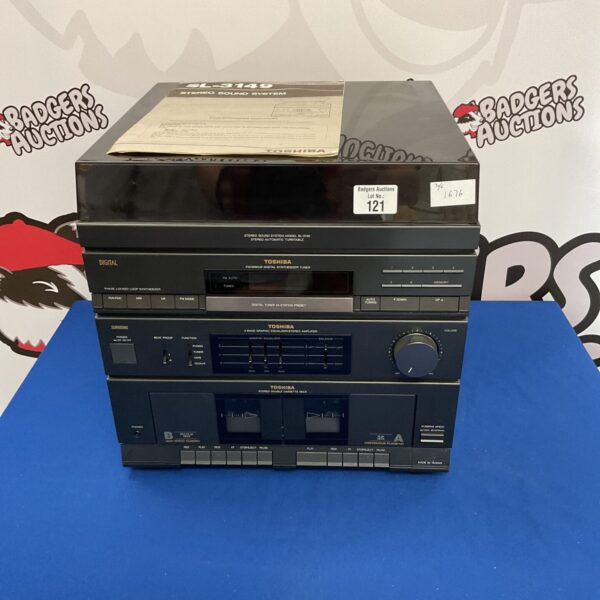Vintage Toshiba SL-349 music system with turntable and cassette player.