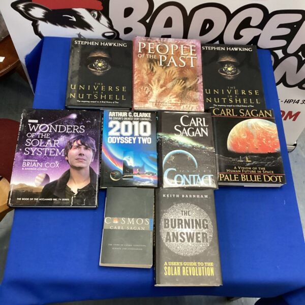 Lot of space and universe books by Hawking and Cox.