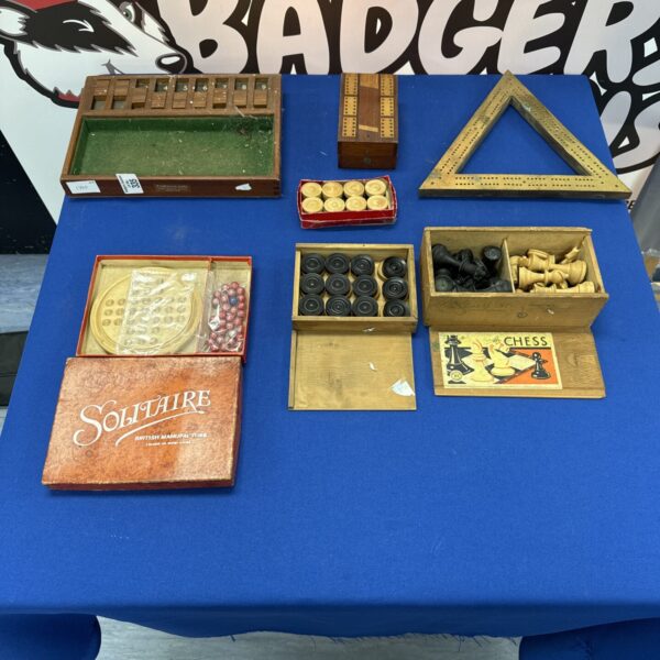 Vintage tabletop games lot including chess, checkers, and Mancala.