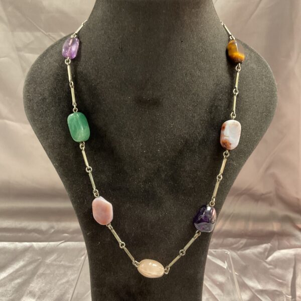 Colourful vintage semi precious stone necklace with amethyst and rose quartz.