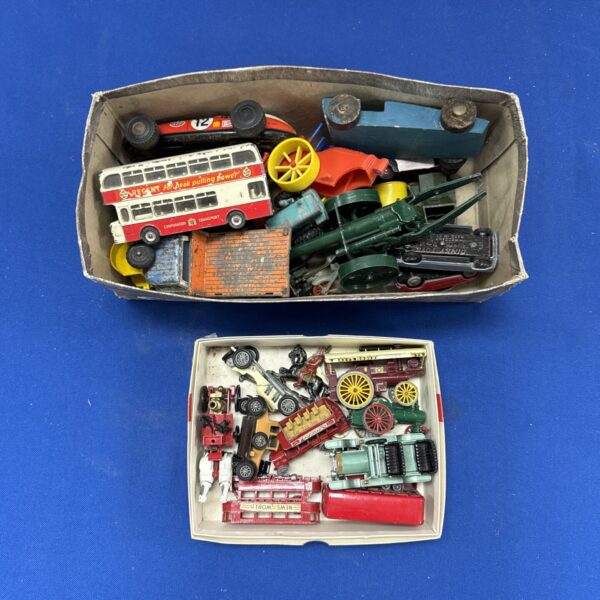 Vintage diecast model collection in trays, including Dinky Toys and Lesney.