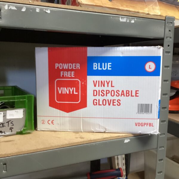Box of blue powder-free disposable gloves, size large.
