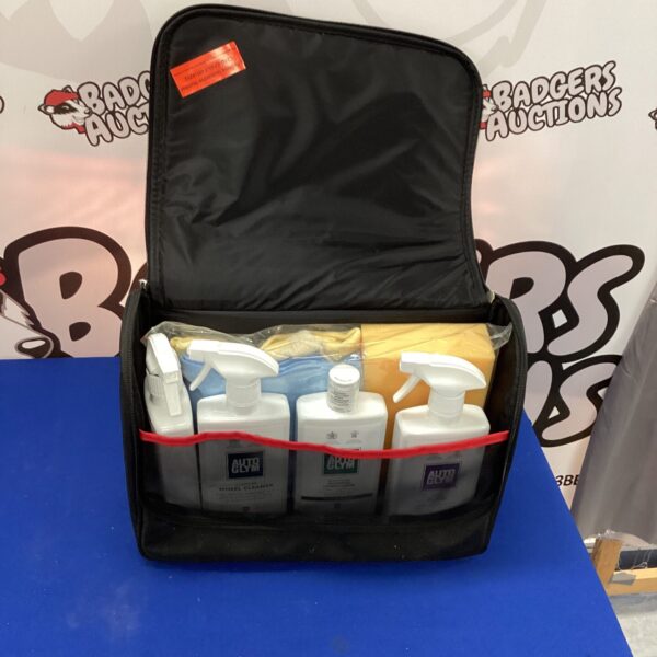 Auto Glym car cleaning kit with bottles and containers.