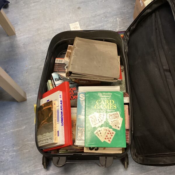 Vintage book lot inside a suitcase, assorted antique books.