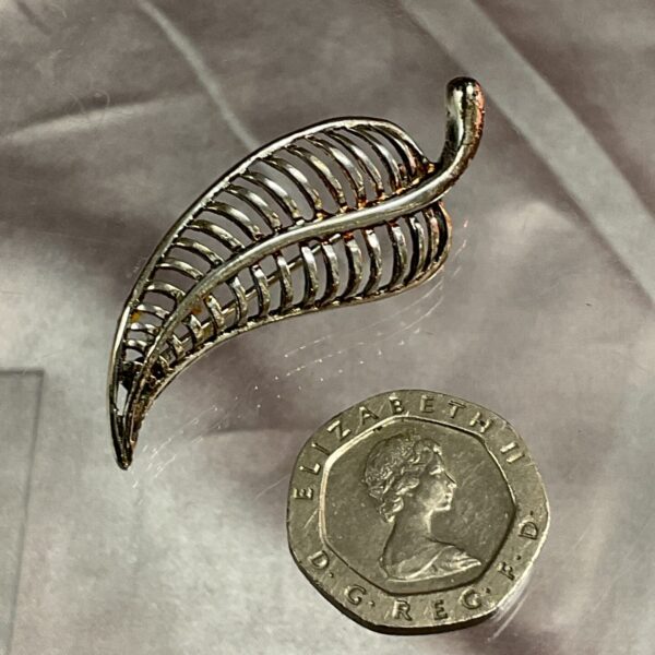 Close-up of a silver fern brooch with intricate detailing.