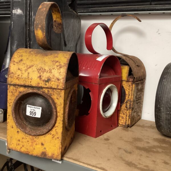 Vintage paraffin road lamp with weathered metal finish.