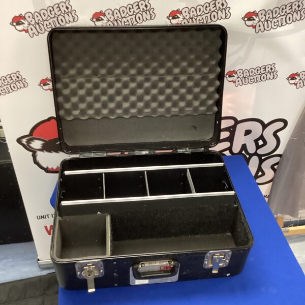 Exterior view of a Dedolight transit case with a locking mechanism.