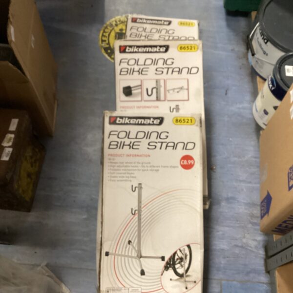 Bikemate folding bike stand model 8621 for bicycle storage.
