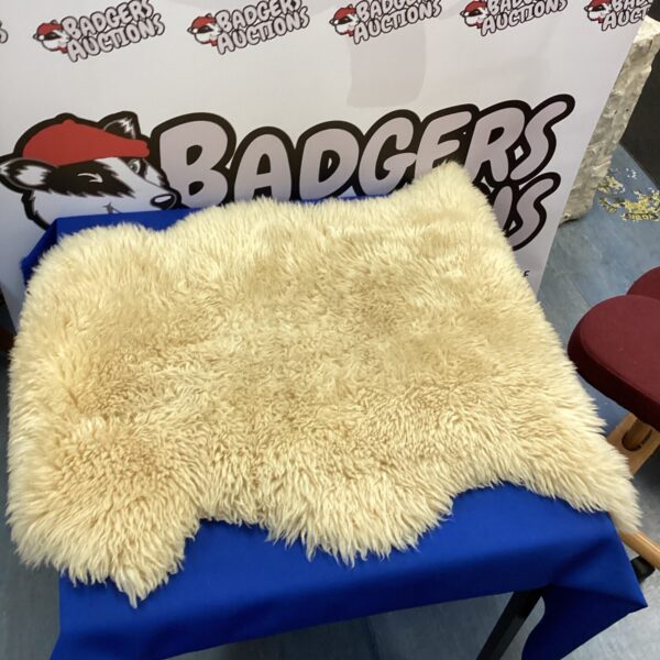 Neutral coloured, shaggy faux fur effect rug.