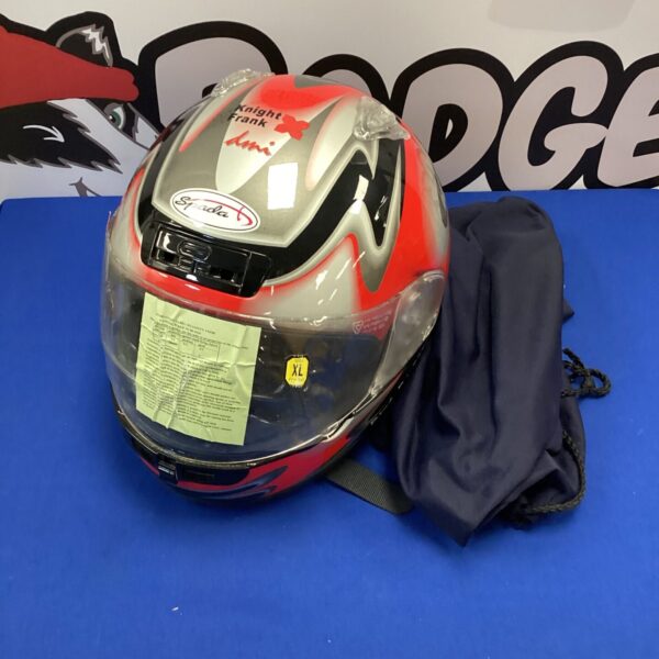 Red and white Knight Frank Spada XL motorcycle crash helmet.