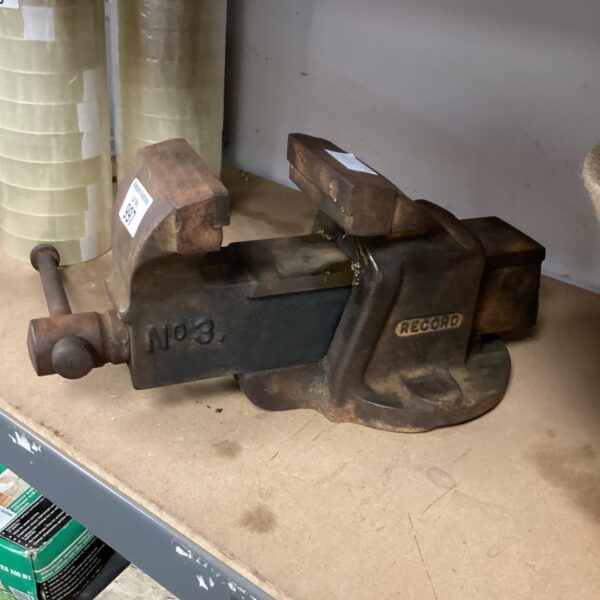Vintage Record No.3 bench vice for metalworking and workshop use.
