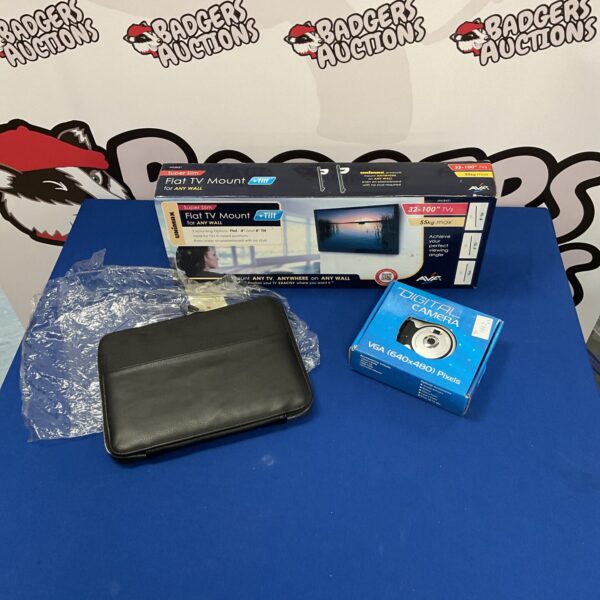 Flat TV mount, digital camera, and tablet case lot for sale.