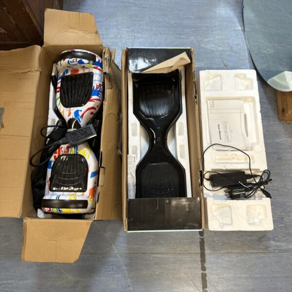 Two hoverboards in original packaging, untested electric scooters.