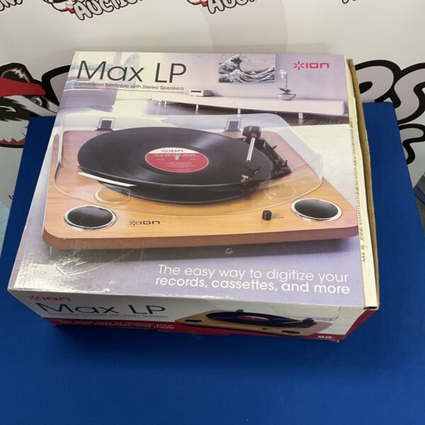 Side view of the Ion Max LP portable turntable with speakers.
