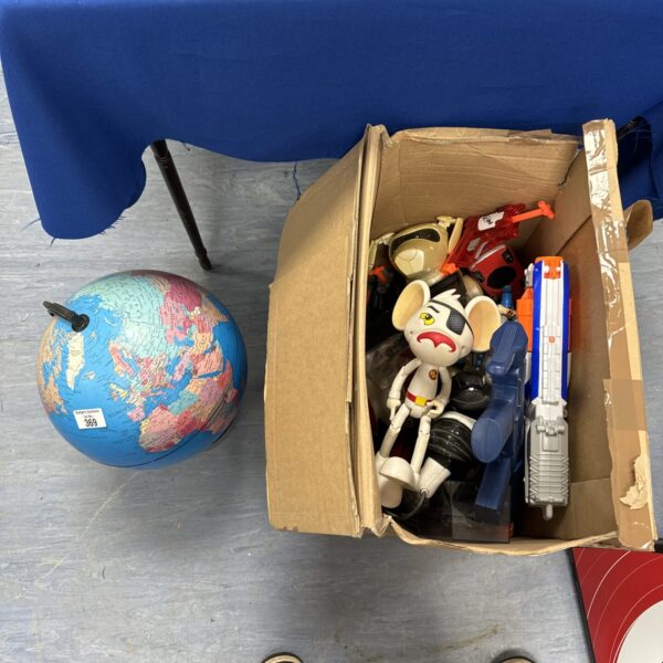 Children’s toy bundle featuring a globe and Nerf gun.