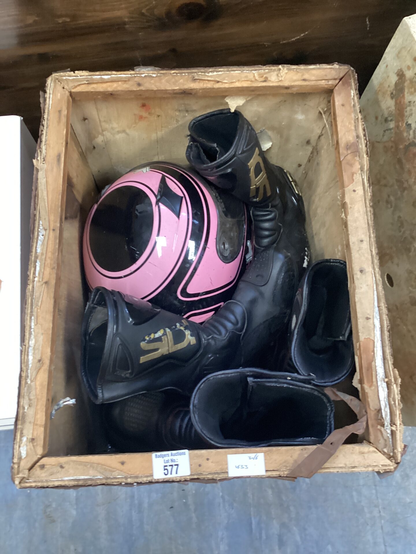 577 Wooden crate with two motorcycle crash helmets & boots inc sidi