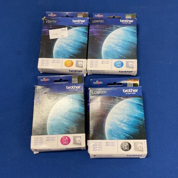 Four Brother LC-980 black printer cartridges in a box.