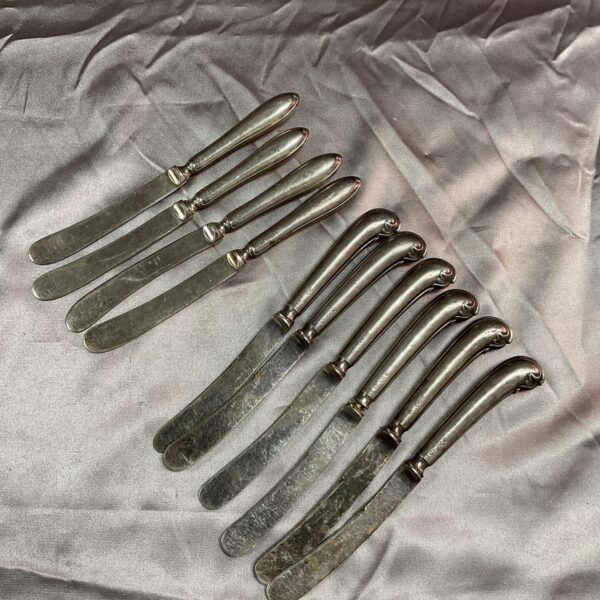 Set of ten hallmarked silver butter knives, vintage flatware.