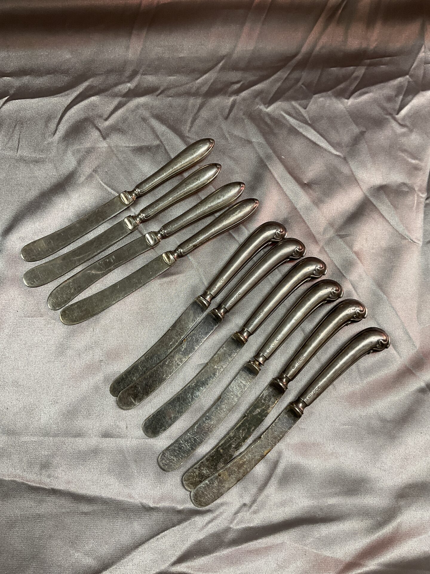 879 Ten Hallmarked Silver Butter Knives Six Pistol Grip and Four Plain