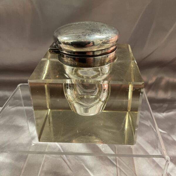 Antique silver and glass inkwell, hallmarked silver collar.