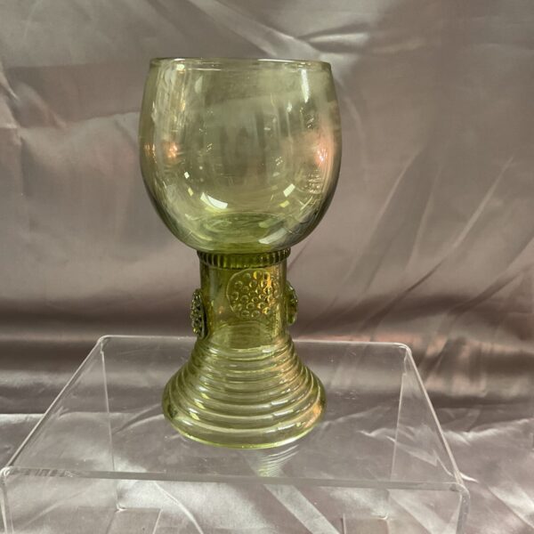Vintage green glass Roemer goblet with textured surface.