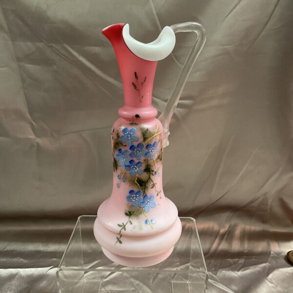 Delicate pink Victorian opaline ewer with hand-painted floral decoration.