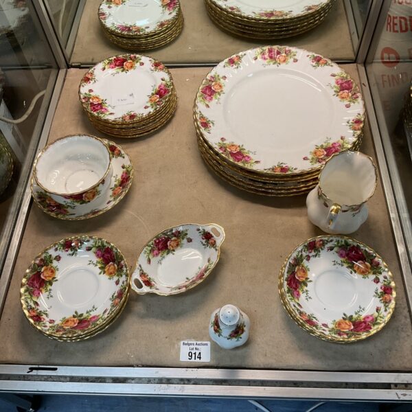 Royal Albert Old Country Rose china collection on display.