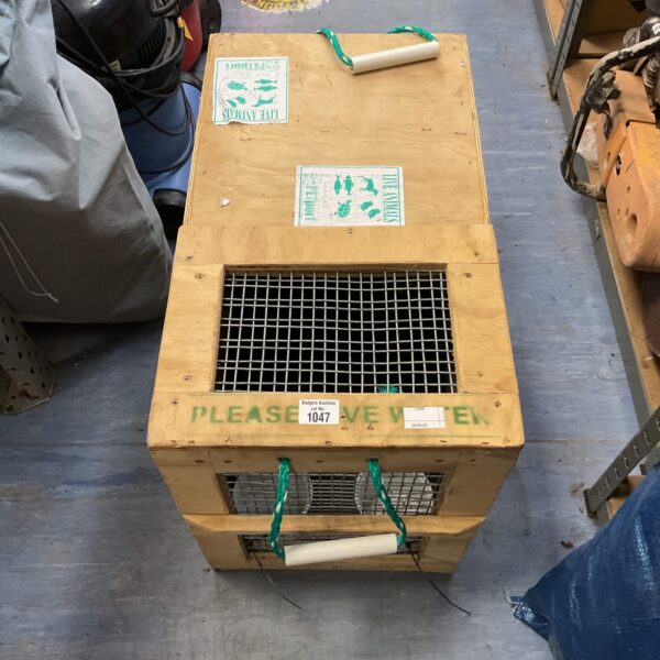 Vintage wooden pet carrier with slats for ventilation.